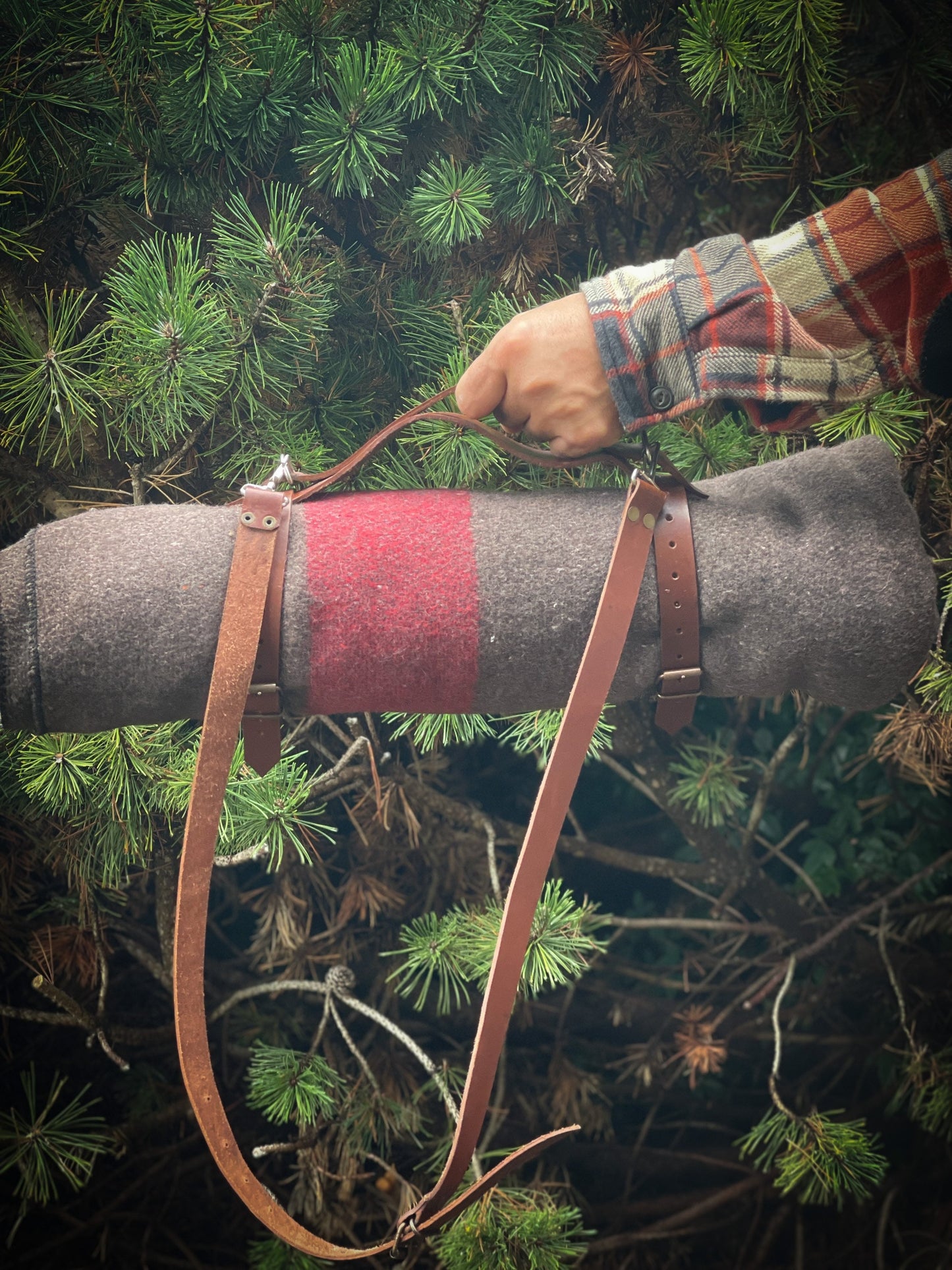 Full Grain Leather Blanket Carrier with straps and handle