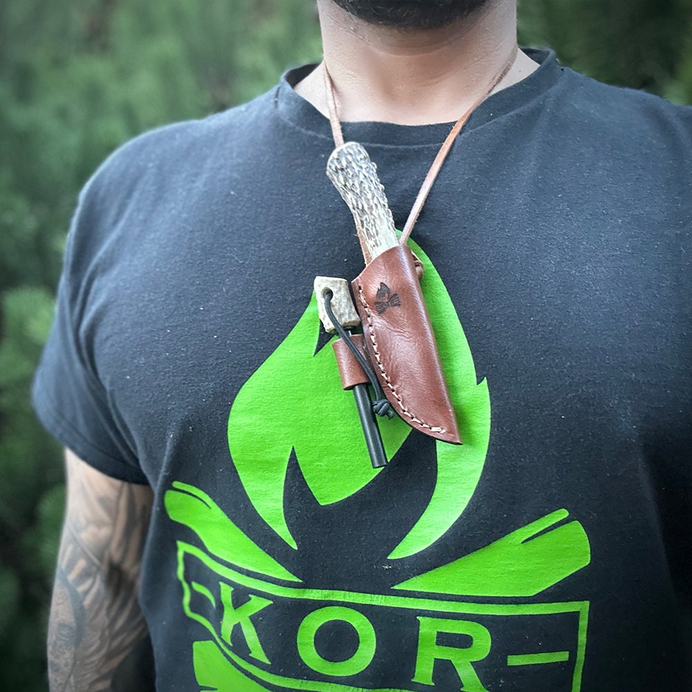 All hand made Custom Stag Horn Neck Knife w/ leather Sheath and ferro rod holder.