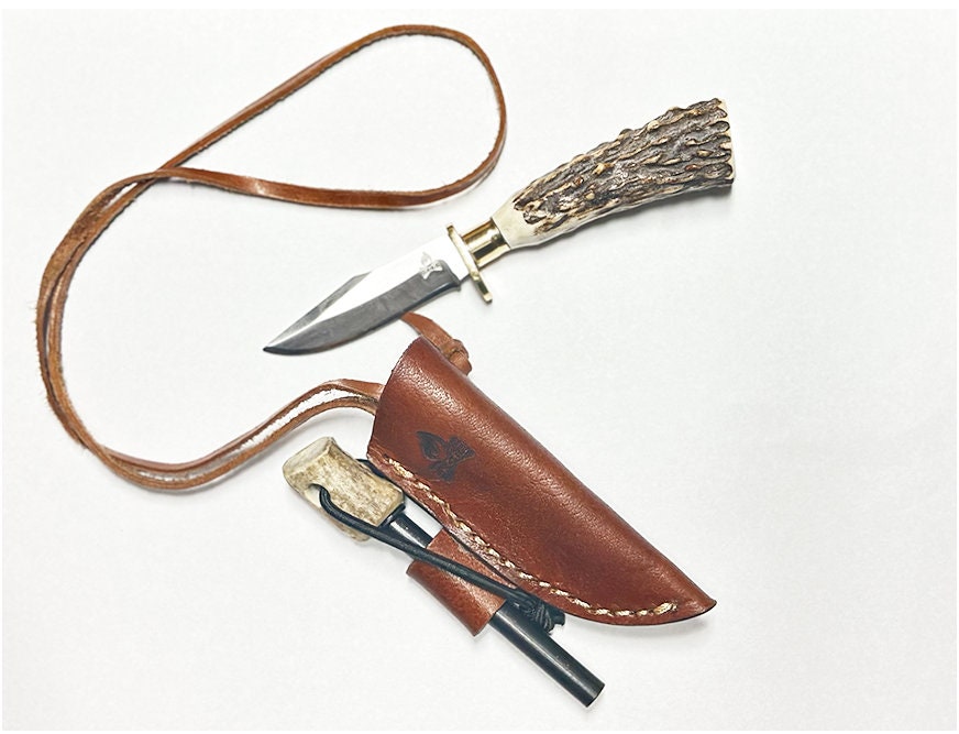 All hand made Custom Stag Horn Neck Knife w/ leather Sheath and ferro rod holder.