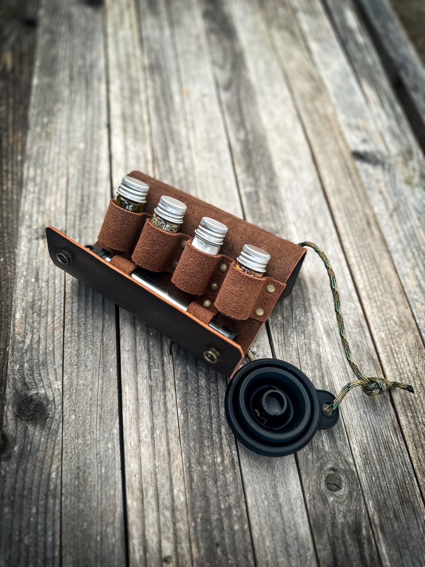 Portable Spice Bag with three Spice Jars, with a below and Metal Spork w/ Collapsible Funnels for Filling Bottles