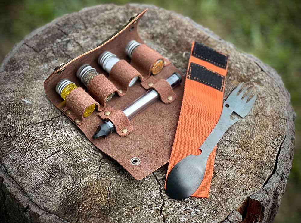 Portable Spice Bag with three Spice Jars, with a below and Metal Spork w/ Collapsible Funnels for Filling Bottles