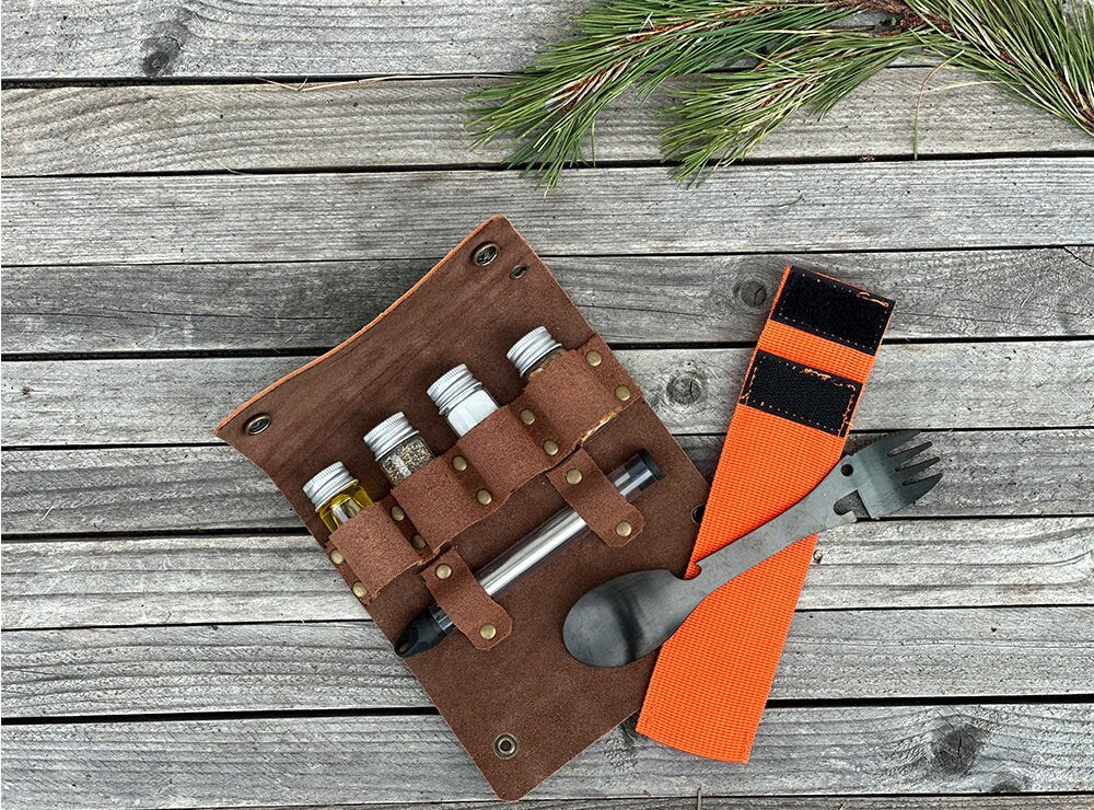 Portable Spice Bag with three Spice Jars, with a below and Metal Spork w/ Collapsible Funnels for Filling Bottles