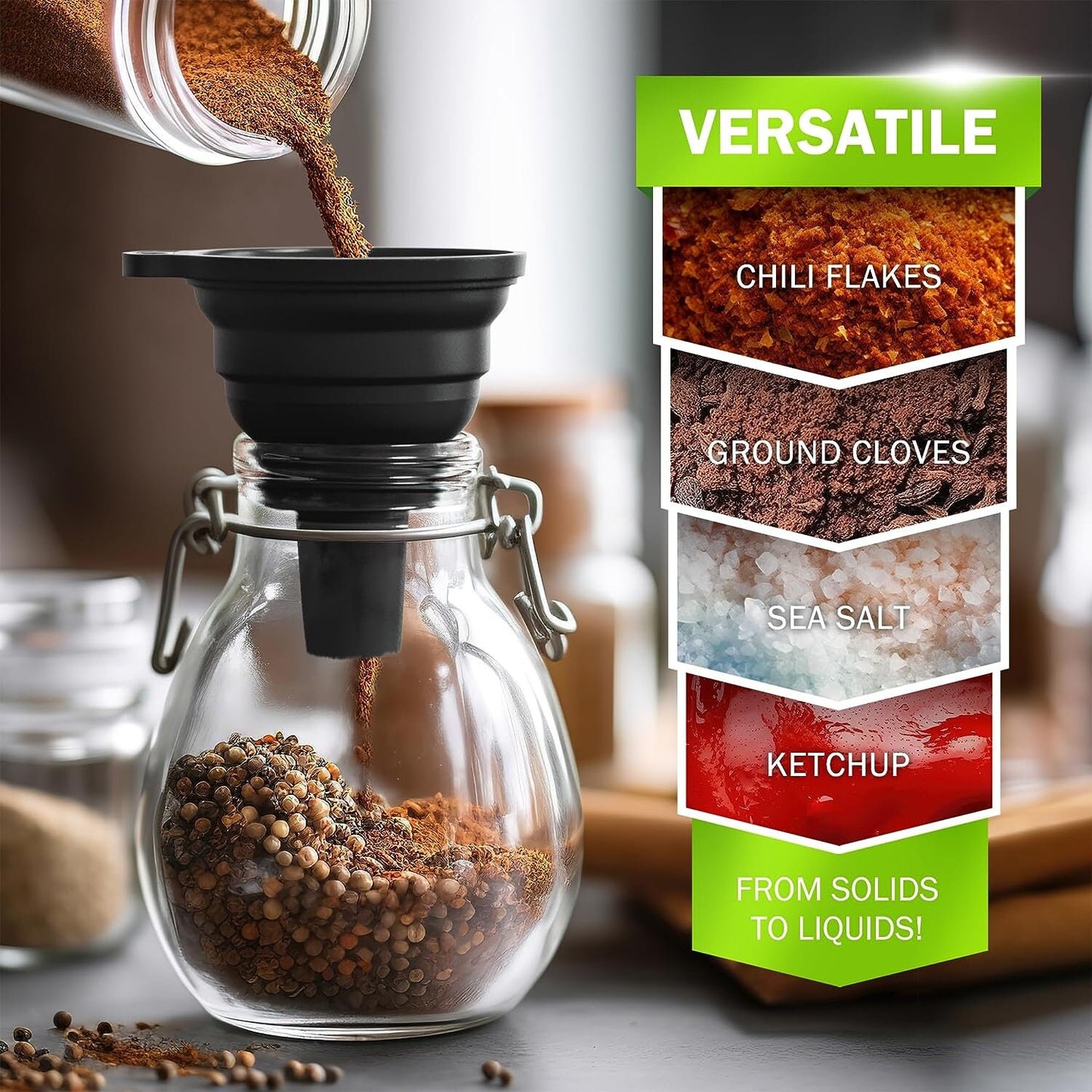 Portable Spice Bag with three Spice Jars, with a below and Metal Spork w/ Collapsible Funnels for Filling Bottles
