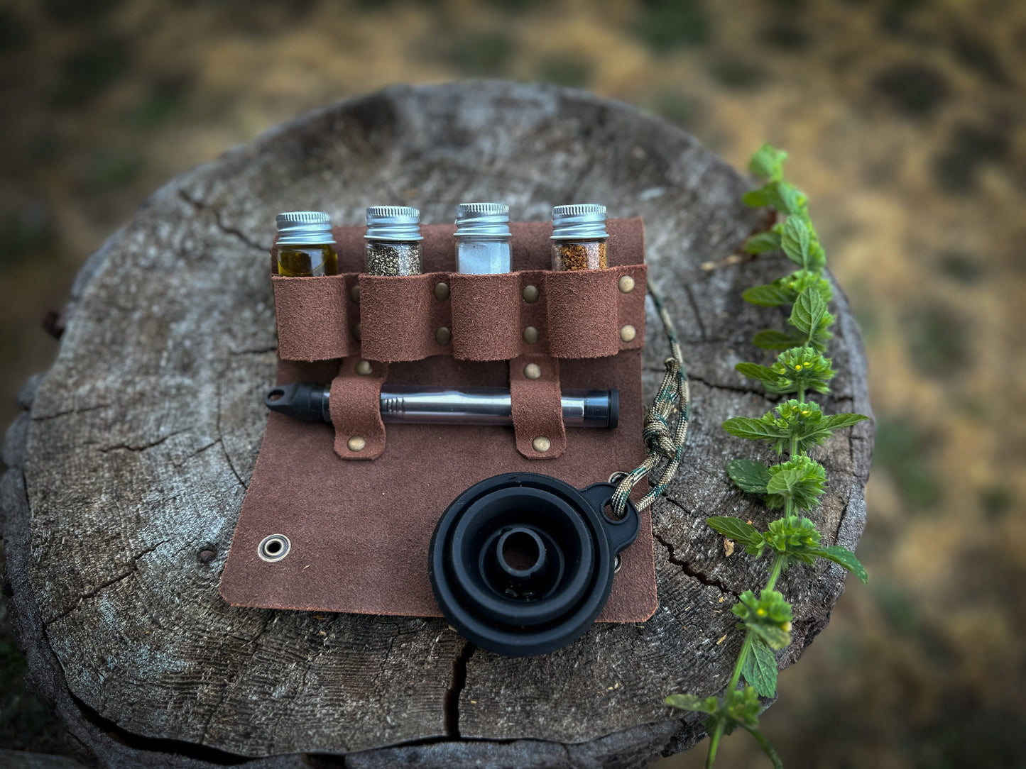 Portable Spice Bag with three Spice Jars, with a below and Metal Spork w/ Collapsible Funnels for Filling Bottles