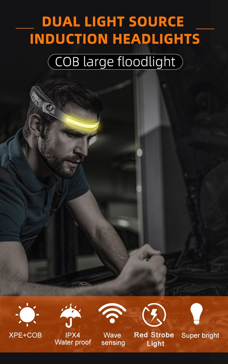 KOR Sensor Lightweight Super Bright Waterproof, cob + XPE 230 degree LED Wide rechargeable headlamp
